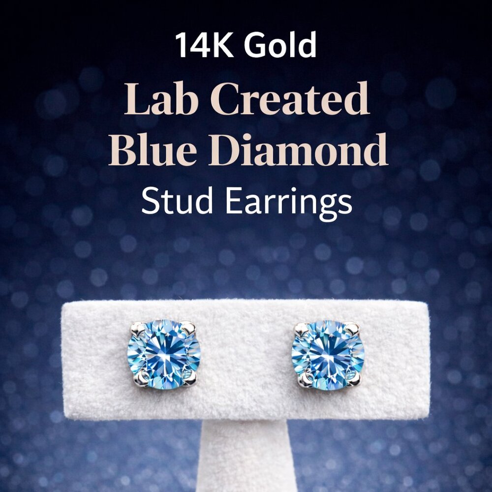 Lab Created Blue Diamond Stud Earrings | 0.45 CTW | 14K Gold Blue Diamond Studs